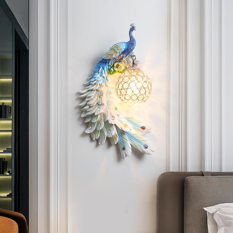 欧式充电壁灯客厅背景墙创意孔雀装饰卧室床头灯玄关楼梯门口壁挂