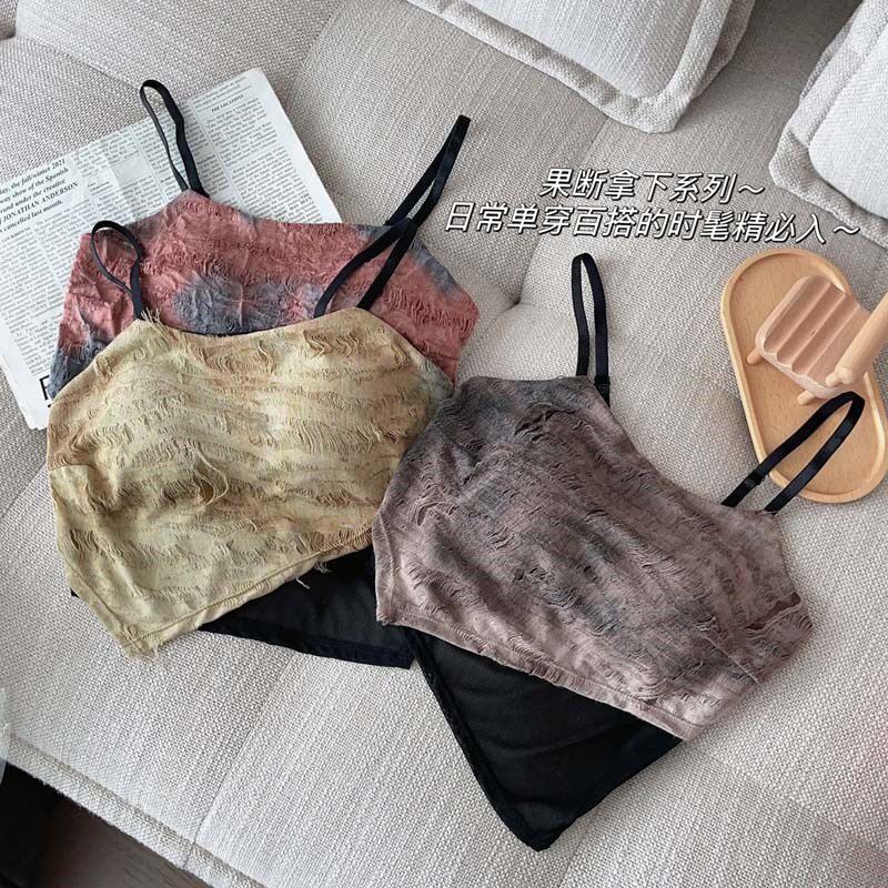 现货假两件不规则扎染吊带内搭外穿抹胸带胸垫遮副乳甜Z辣海边女