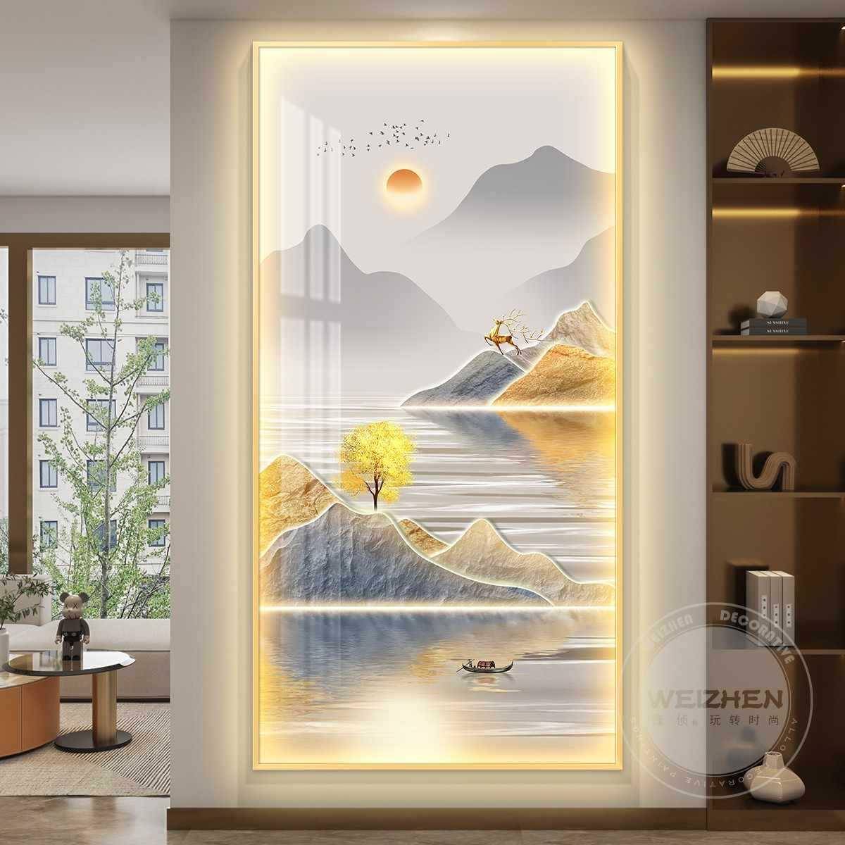 轻奢led带灯入户玄关装饰画走廊过道挂画壁画简约现代高档山水画