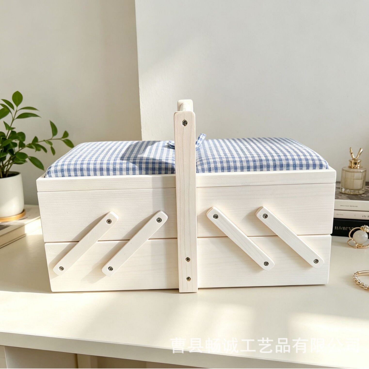 现货木质毛线钩针工具收纳盒多层折叠整理盒手提式缝纫针线收纳箱