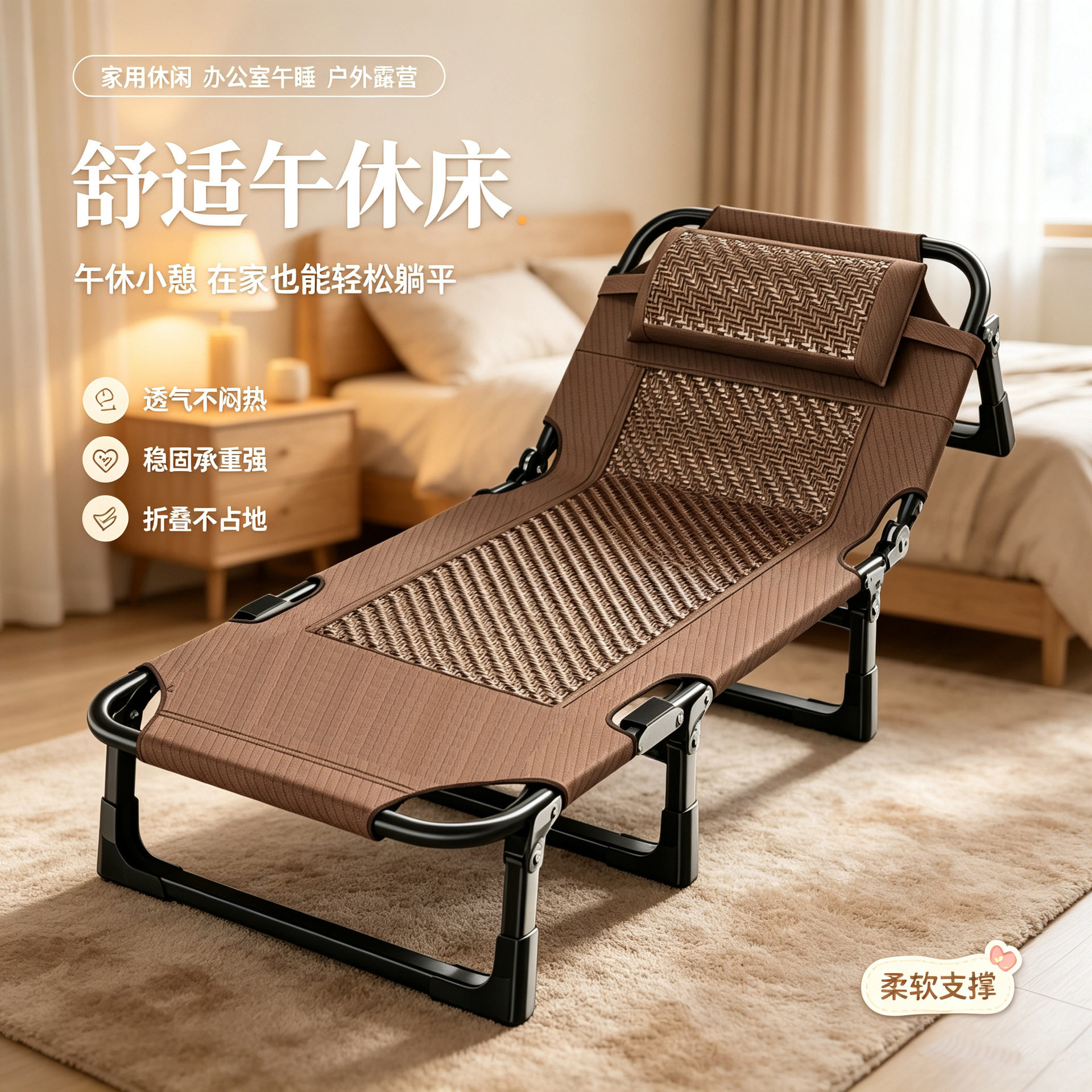 简约美式藤编折叠床单人便携午休床家用客房临时待客简易床架