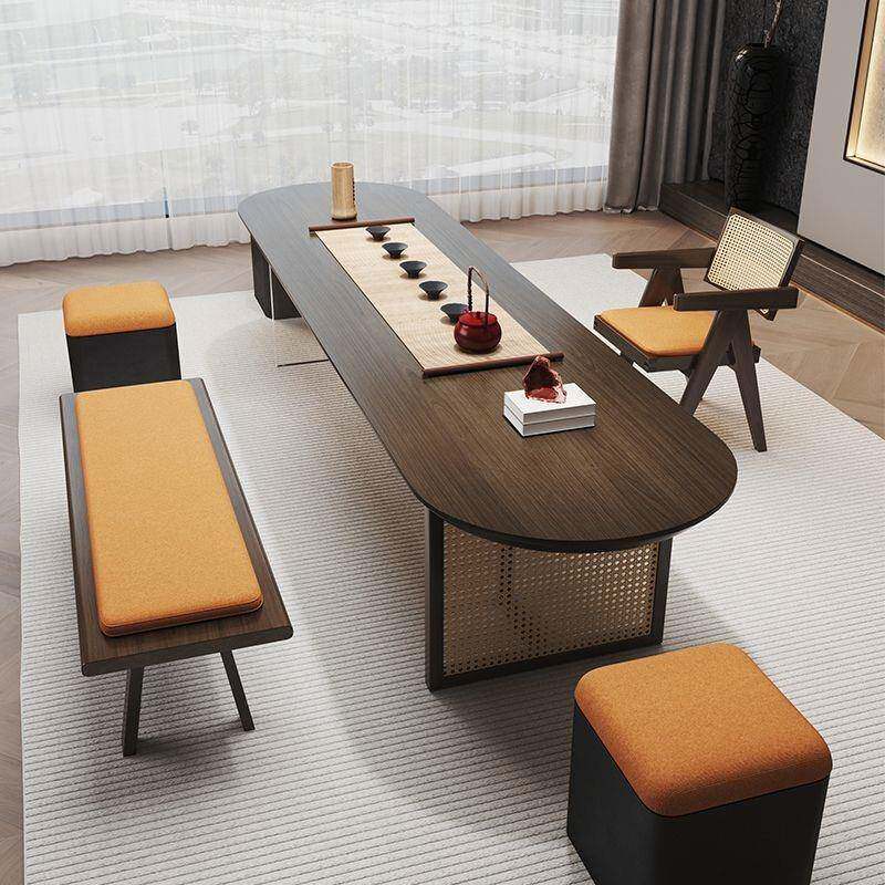 中室式茶茶桌座椅一套办公洽谈多人椭圆茶桌椅编大厅实木藤泡JFS