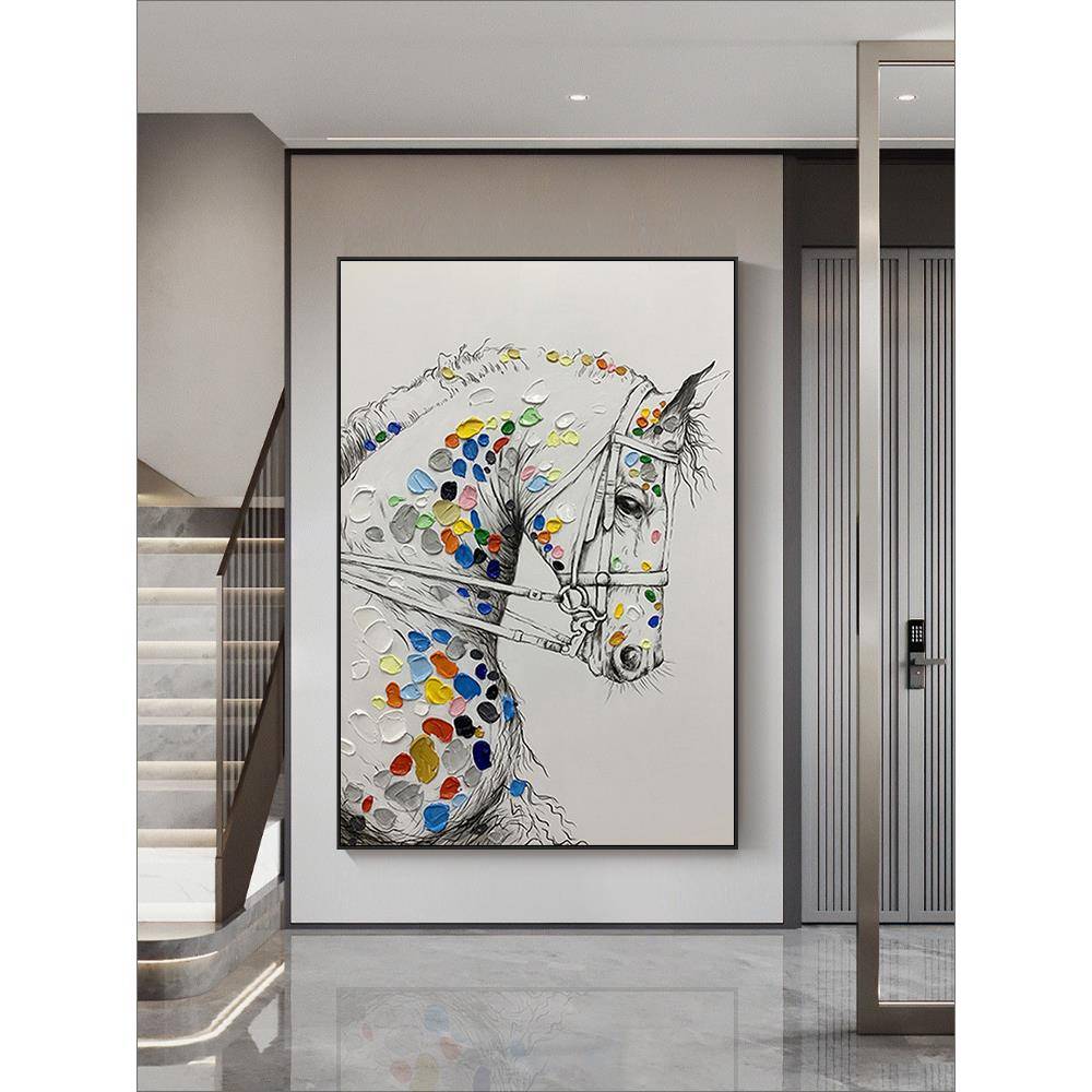 纯手绘油画动物马挂画新中式竖版书房玄关装饰画玄幻壁画大幅落地图片