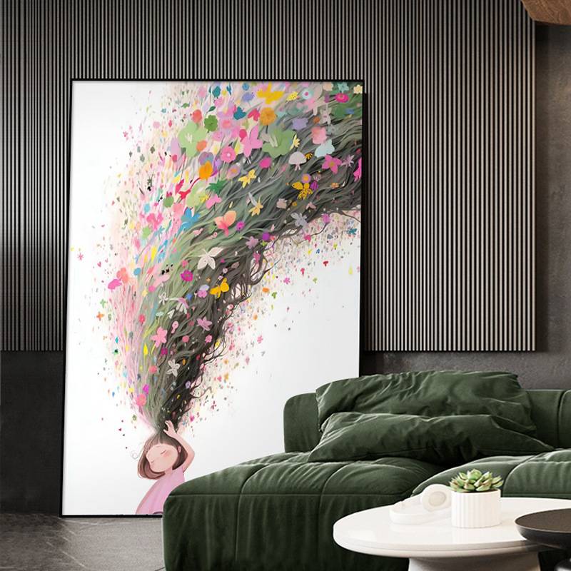 卡通入户玄关挂画女孩儿童房挂画小众客厅装饰画走廊过道壁画图片