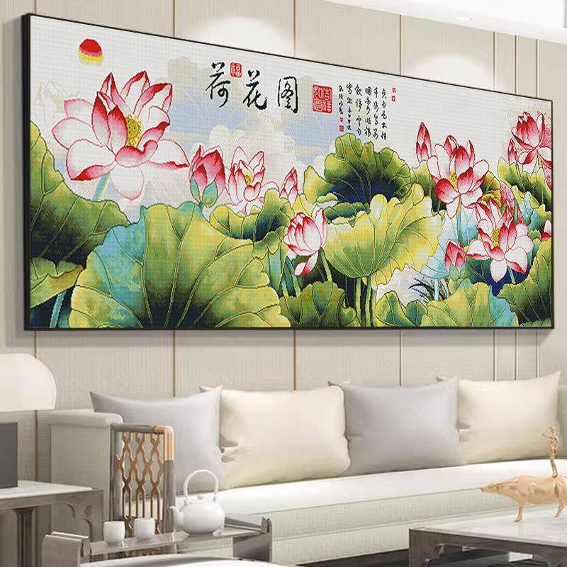 荷花园十字绣2025新款现代中式线绣客厅山水画风景中国自己绣满绣