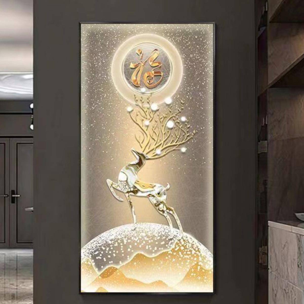 入户玄关装饰画轻奢高端走廊过道挂画寓意好进门正对墙画麋鹿带灯