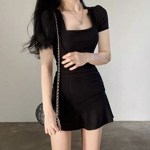 速发小众设款方领包字短裙小妈a臀裙小个子显高紧身性感短计连衣