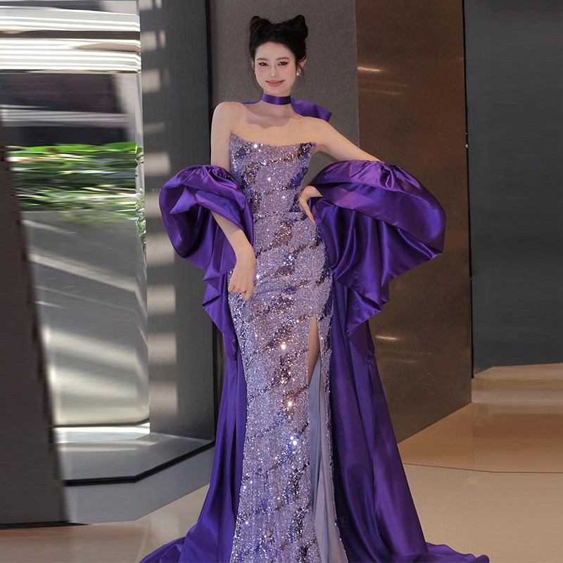 速发紫色晚礼服高级感气质名媛宴会新娘敬酒服轻奢小众主持鱼尾连