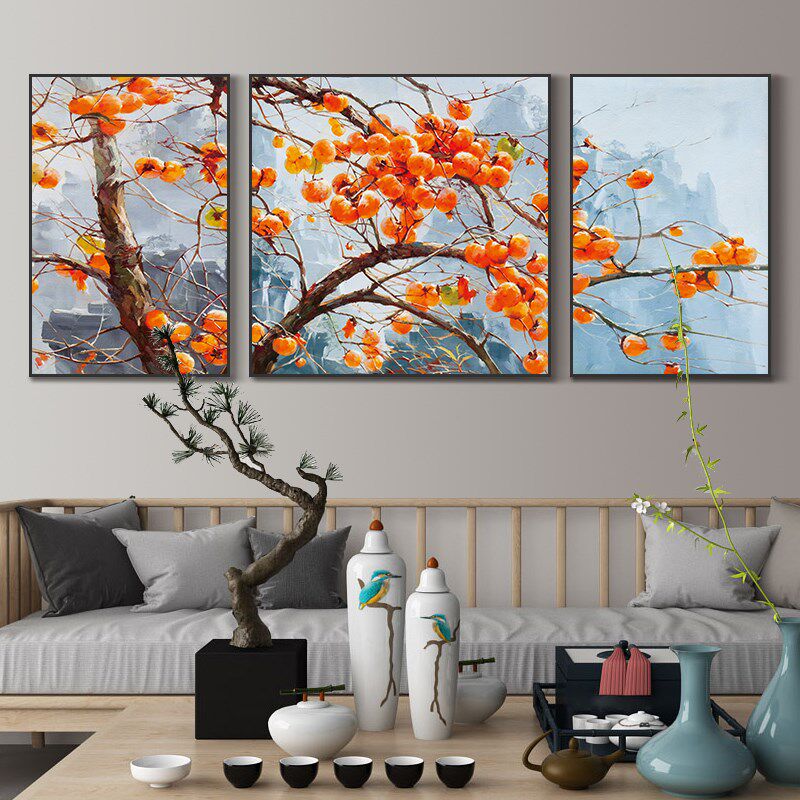速发事事客意新中式饰装画简约如厅大尺寸挂画沙发背景墙画柿子画
