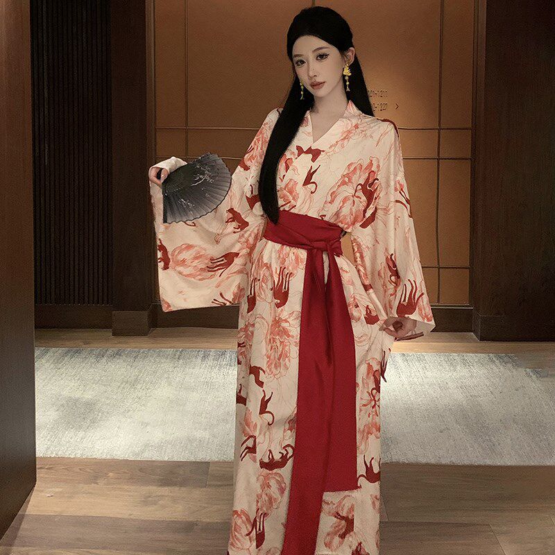 速发2025秋装新款改良和服宽松一片式绑带收腰性感长款复古汉服连