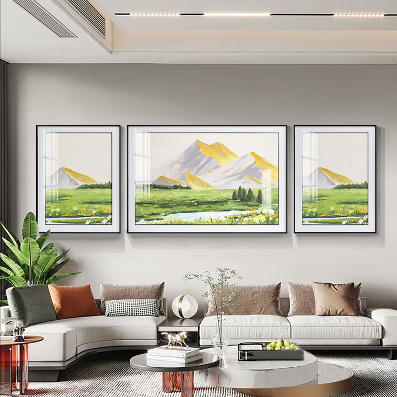 速发日三挂山手绘肌理油画客厅装饰画高档沙发背景墙金画大气照联