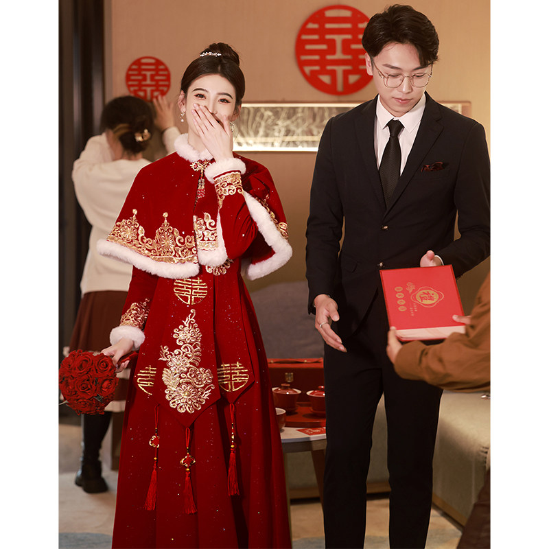 速发红色披肩旗袍敬禾服新娘2024裙款中式订婚礼服新秀酒秋冬季加