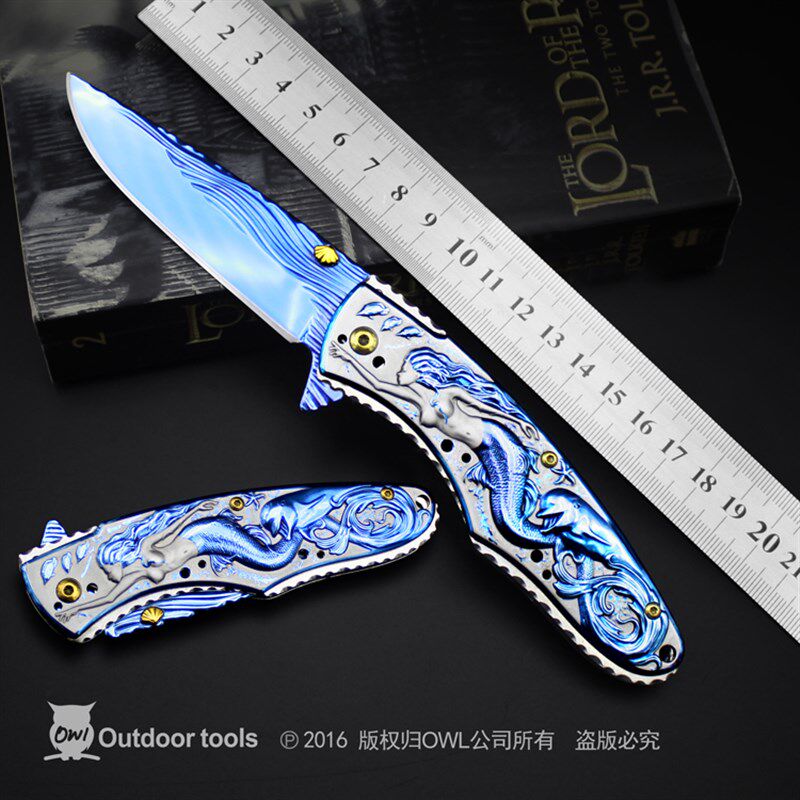 速发随身小刀野外求生刀弹簧折折叠刀精果钢刀防身刀水品刀收藏刀