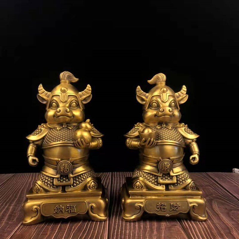 速发黄铜生肖摆工摆品铜牛年大吉艺件牛将门神家居牛设