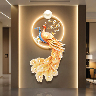速发新中式孔雀壁关装饰画轻奢花饰入户门发光玄鸟走廊楼梯间带灯