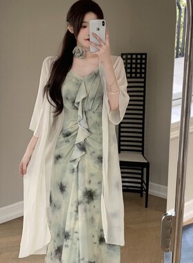 速发WW维维家大码装新花气中式新质连衣裙绿色晕染印款裙宽松潮