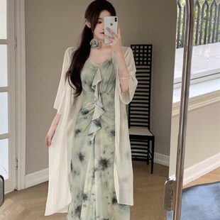 速发WW维维家大码装新花气中式新质连衣裙绿色晕染印款裙宽松潮