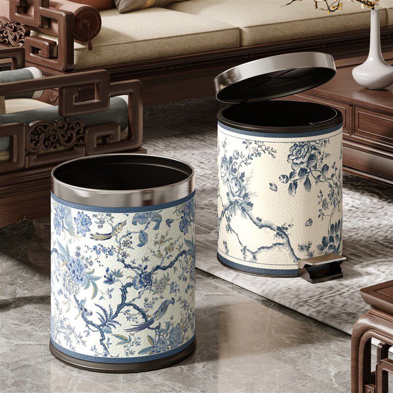 速发新中式复古青花垃圾桶高颜值卧室客厅收纳卫生桶卫生间大容量