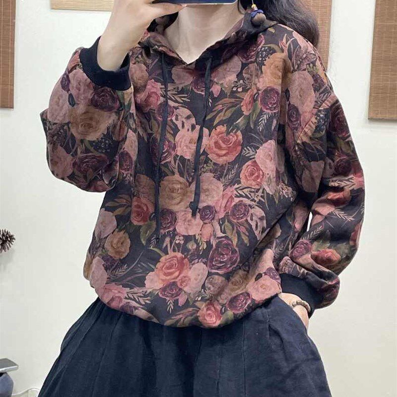速发复古印花连帽卫衣202新款爆款民族风上衣宽松百搭套头长袖t恤