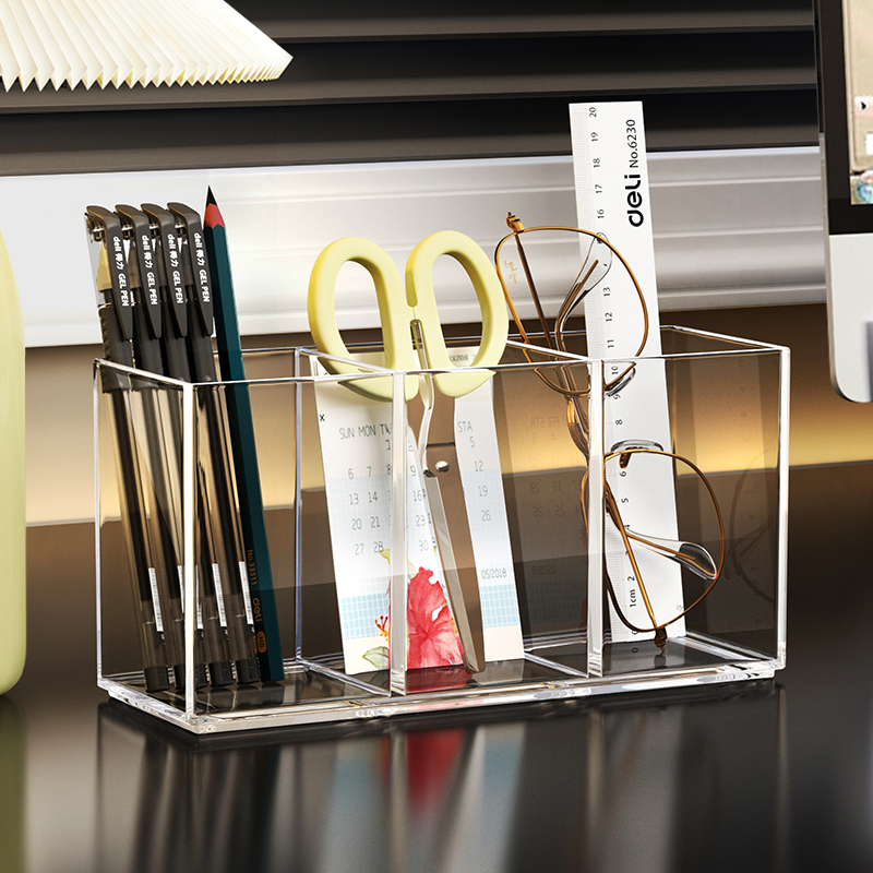 速发笔筒量克力文明办公室桌面分格大容亚收纳儿童学生书桌透具整