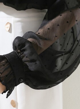 速发黑色波点木耳领2025小秋新款设计春感众灯笼袖立领薄款上衣