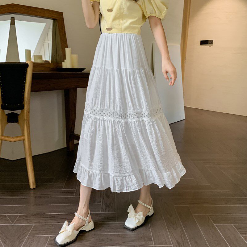 速发白糕半身裙2025新款夏季设计感蕾丝花边蛋色腰高裙小个子a字