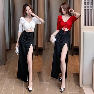 速发性感歌色K腰晚礼服夏季新款露拼足浴技师工衣开叉包臀长裙