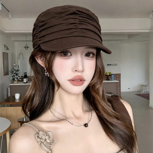 复古咖色褶皱马术帽女休闲百搭显脸小春秋新款时尚洋气帽子M93