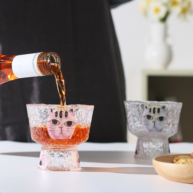 捕获一只猫咪日式清l酒杯 水晶玻璃高足杯?干果零食碟 果酒米酒