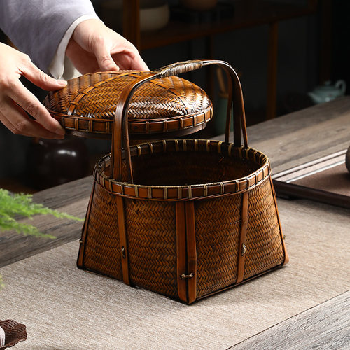纯手工竹编e提篮复古水果点心筐茶具收纳篮家用中式带盖送餐篮食