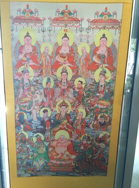 新品上市全佛图三联n中堂挂画高档礼品大厅大堂丝绸卷轴装饰壁画