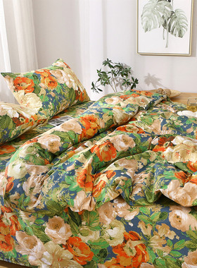 100纯棉被套单件美式田园大花被罩180xG200x230全棉床单床笠四件