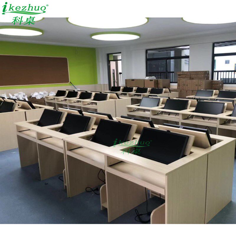学校电脑翻转桌可升降机房办公培训台翻U转器隐藏嵌入式