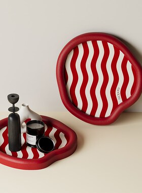 条纹高级皮质化妆品书桌置物盘轻奢高档托盘入户玄关钥Z匙收纳摆