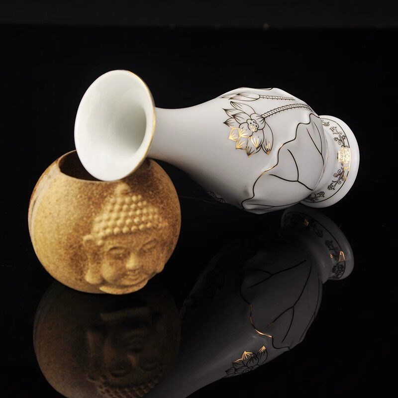 速发供佛花瓶陶瓷浮雕描金供奉花瓶摆件供观音供具插花花瓶莲花净