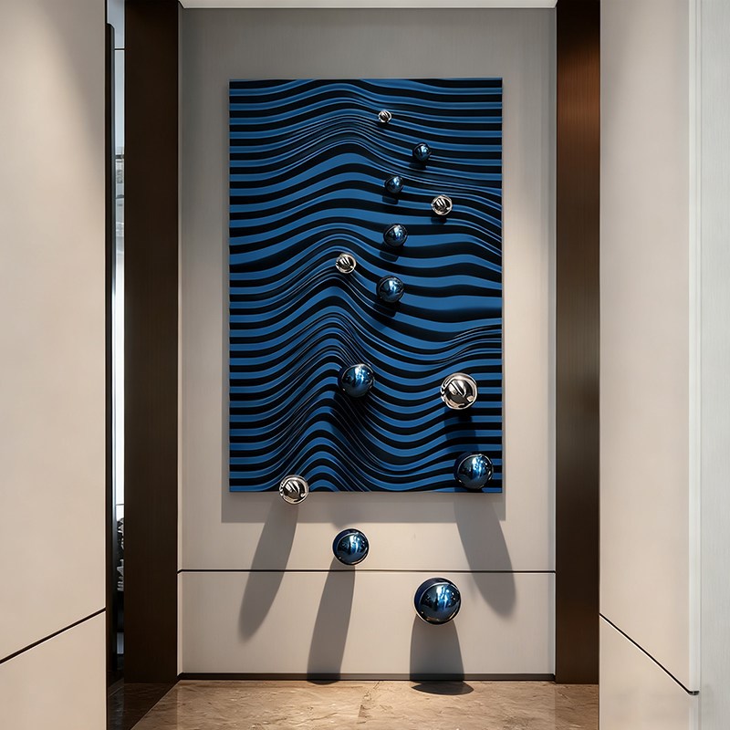 速发现代简约入户过道玄关装饰画立体浮雕不锈钢球实物画走廊尽头