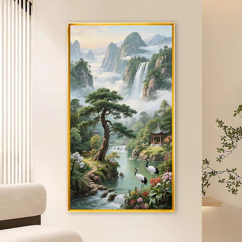 速发松鹤延年国画自己手工2025新款满绣线绣风景客厅玄关山水画