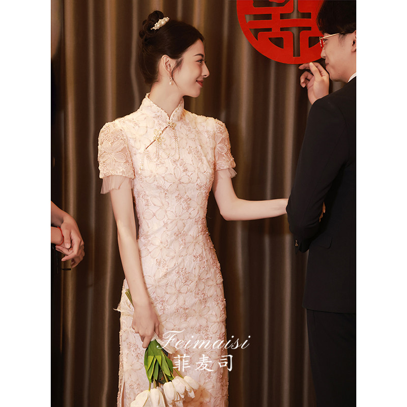 速发中式旗袍敬酒服色02新款新娘小个子订婚裙日常可粉出阁宴穿2