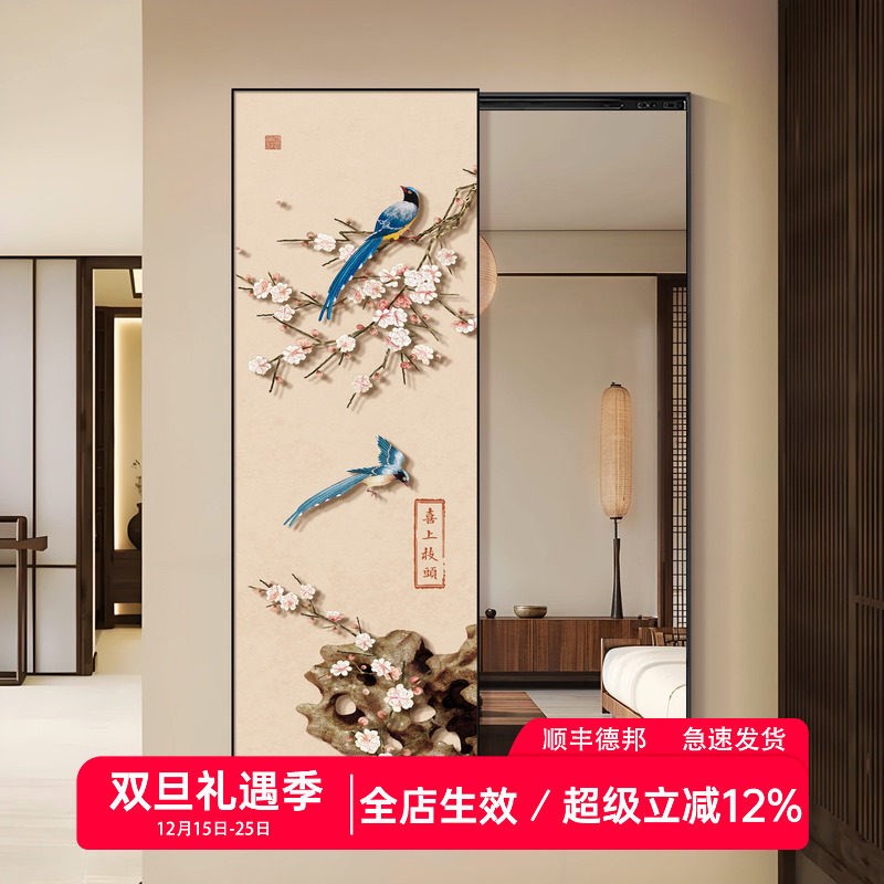 速发新中式花鸟入户隐形穿衣镜全身镜挂画玄关装饰画隐藏式镜子可