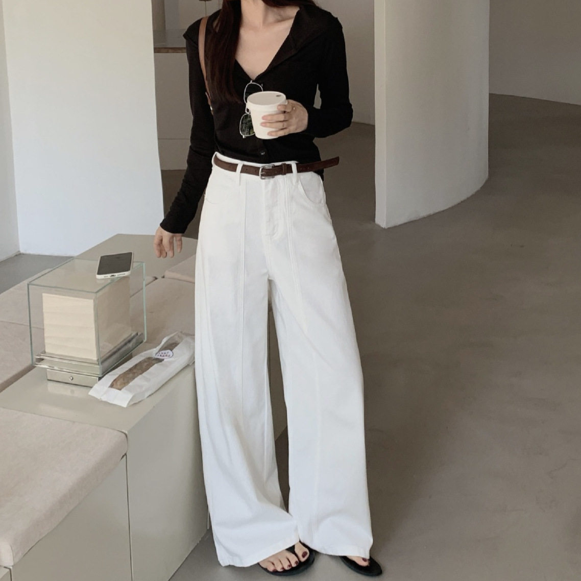 CJY26春上新 高货中线牛仔裤女款白色宽松直筒拖地阔腿长裤子
