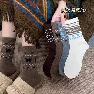 袜子女秋冬保暖加厚覆古中筒袜民族风费尔岛新款堆堆袜ins风百搭