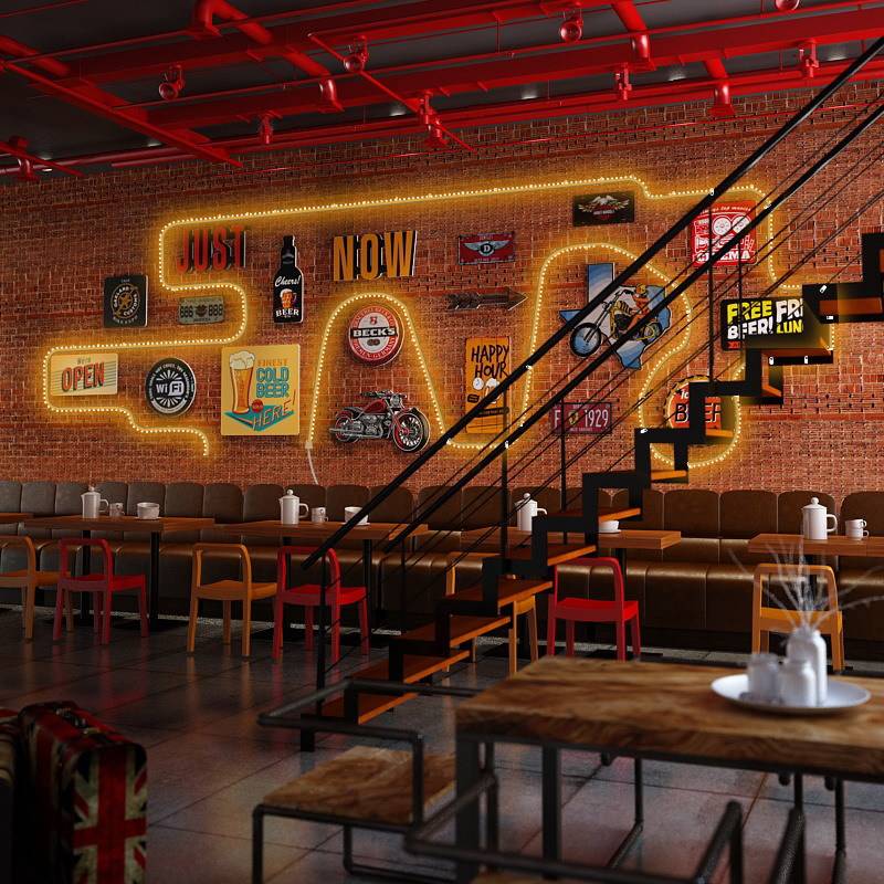 LED043 复古工业风潮流机车酒吧饭店墙面装饰画组合背景LED灯带条图片