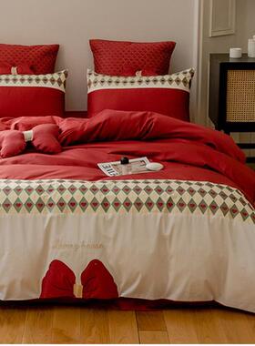 端公主高婚四件套大红色床单婚庆嫁被套喜被一代结纯棉新婚床上用