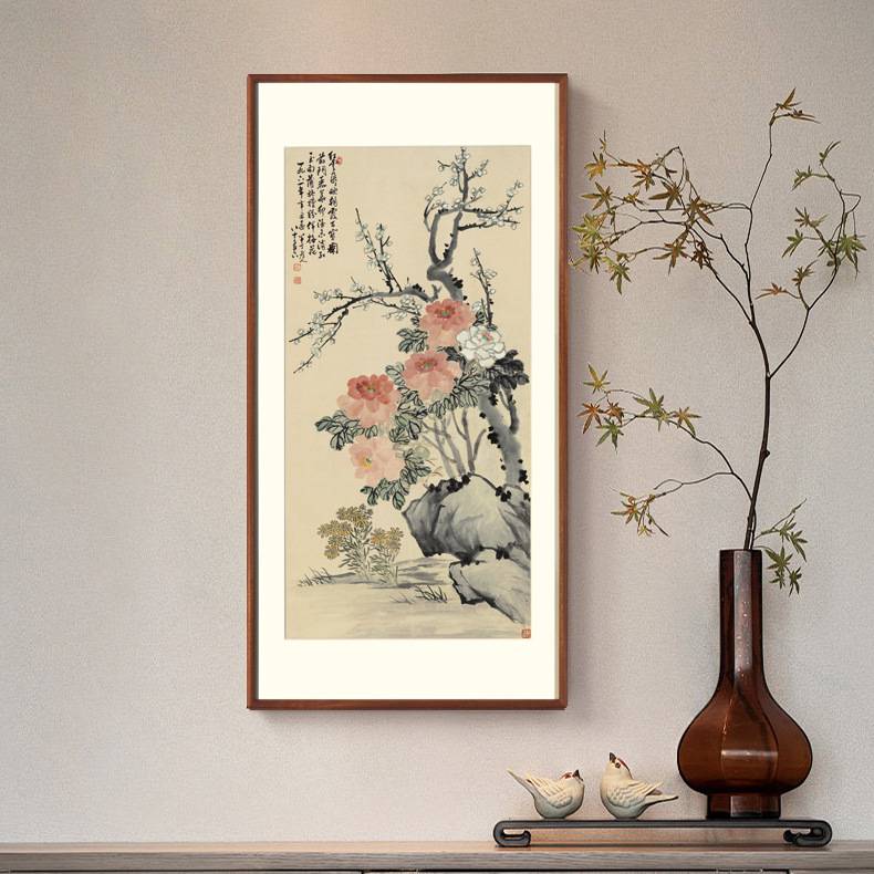 牡丹花卉挂画客厅茶室玄关壁画书房过道卧室高档实木榫卯装饰画图片