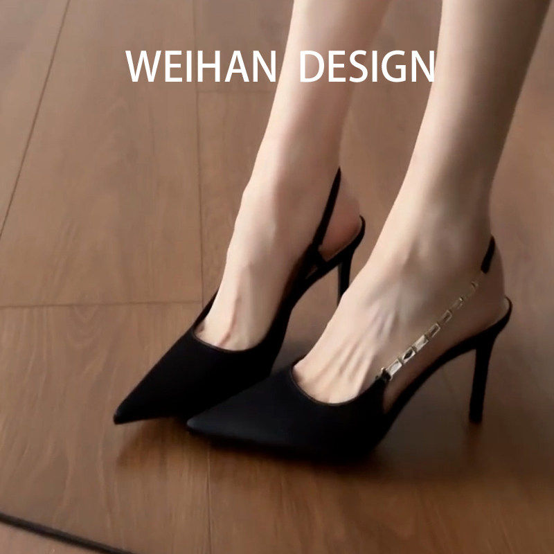 羊皮版！尖头细跟包头高跟鞋设计感水钻带凉鞋高跟鞋御姐风单鞋女