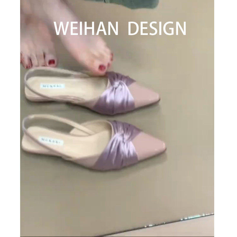 羊皮版！温柔尖头包头凉鞋女外穿拼接平底配裙子绸缎一字带凉拖鞋