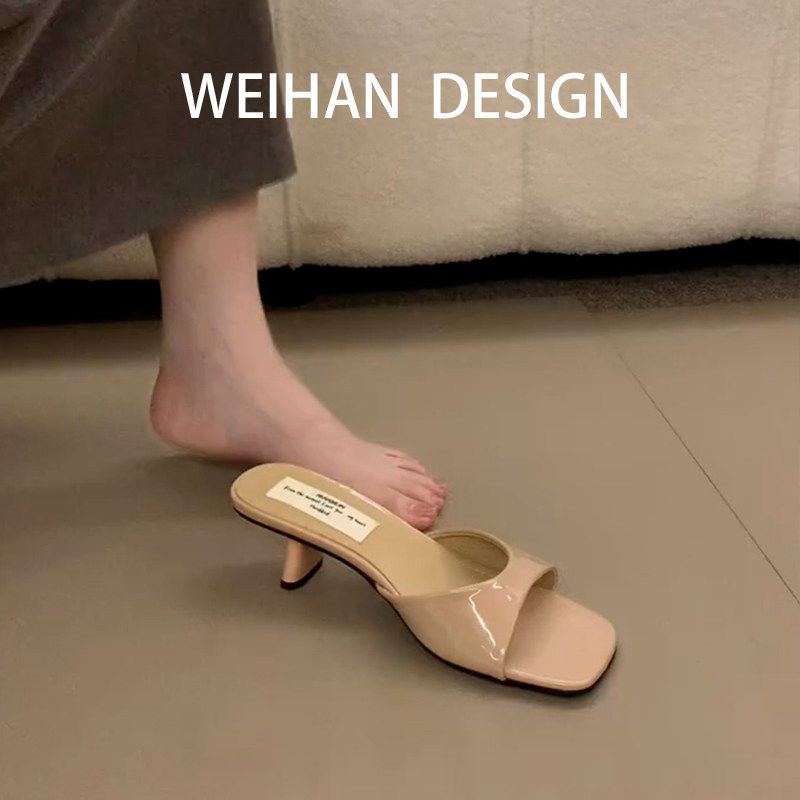 羊皮版！法式简约风一字带凉拖方头粗跟一脚蹬通勤百搭配裙子凉拖