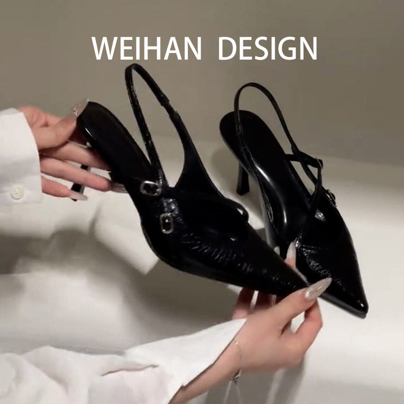 羊皮版！漆皮尖头性感高跟鞋细跟后绑带包头凉鞋御姐风礼服宴会鞋