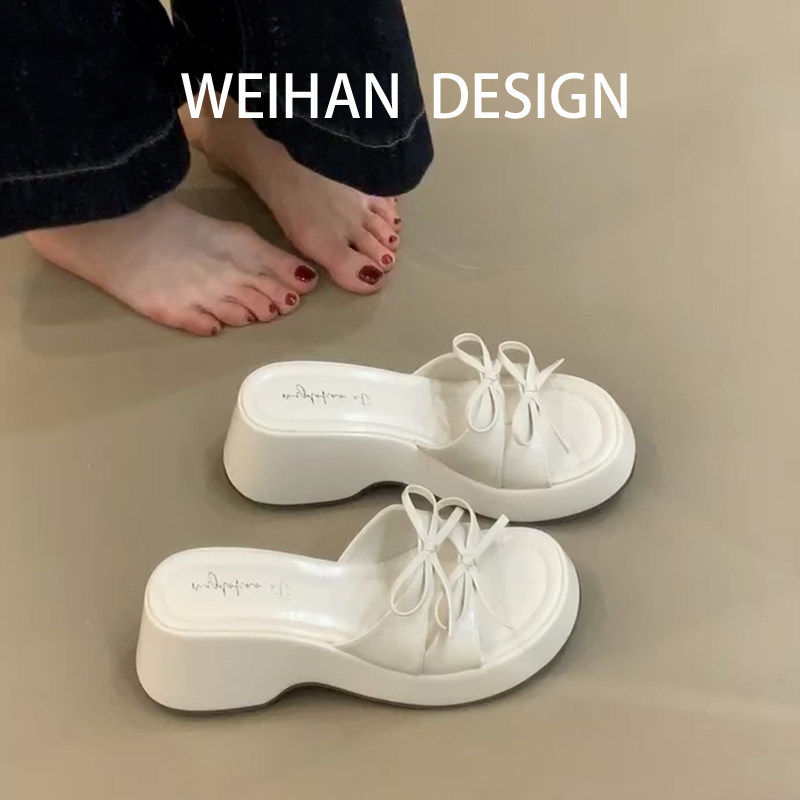 羊皮版！法式蝴蝶结跛跟一字拖防滑厚底沙滩鞋配裙子露脚趾凉拖鞋