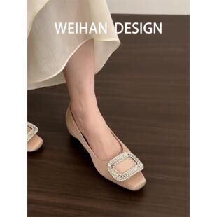 羊皮版！法式内增高水钻方扣浅口单鞋方头通勤一脚蹬绸缎玛丽珍鞋